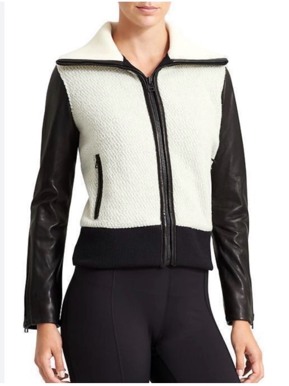 ATHLETA Bouclé Leather Bomber Jacket Black White Zip Cropped Jacket Small